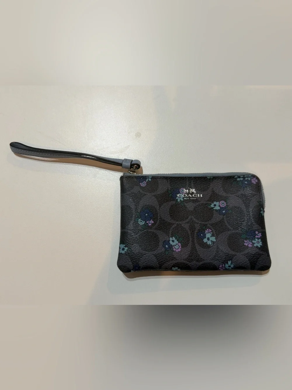 Coach Black Floral Signature Corner Zip Wristlet with Purple & Blue Accents